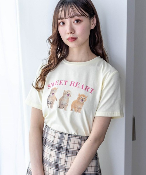 clear（クリア）の「猫プリント半袖Tシャツ≪2024SS≫（Tシャツ/カットソー・レディース・オフホワイト/ライトピンク/イエロー系その他・F）」の4枚目の写真