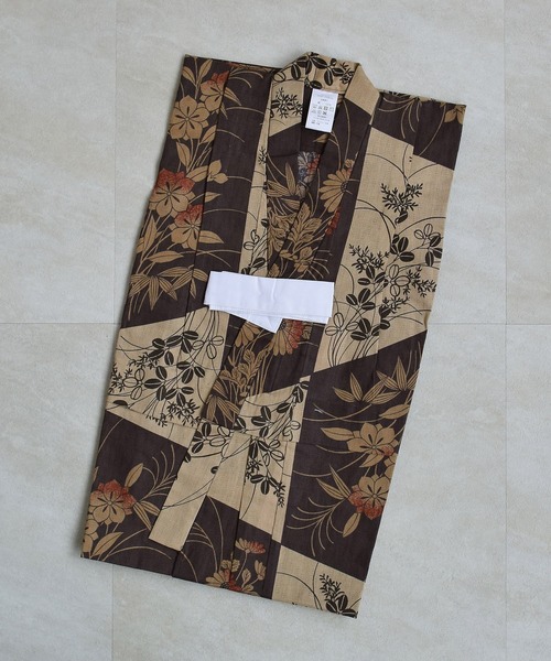 キッズ浴衣3点セット ニコアンティーク 珈琲色の変わり市松と小菊