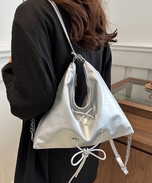shopnikoniko(ショップニコニコ)の「2way レースアップリボン ショルダーバッグ(ショルダーバッグ・レディース・ブラック/ホワイト/シルバー・フリー)」の7枚目の写真