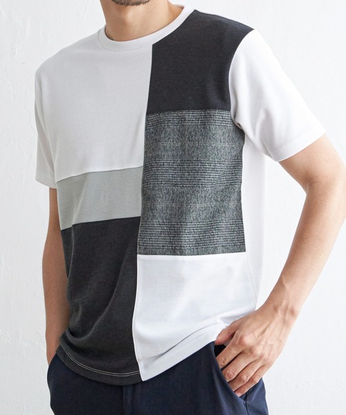 ikka(イッカ)の「ブロックスグレンチェック切り替えTシャツ(Tシャツ/カットソー・メンズ・ホワイト/ブラック/オリーブ/ワイン・M/L/XL/S)」の1枚目の写真