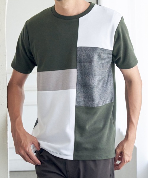 ikka(イッカ)の「ブロックスグレンチェック切り替えTシャツ(Tシャツ/カットソー・メンズ・ホワイト/ブラック/オリーブ/ワイン・M/L/XL/S)」の3枚目の写真