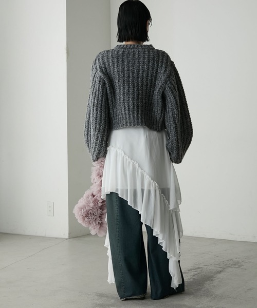 forksy.】ボリュームスリーブローゲージメランジニットカーディガン