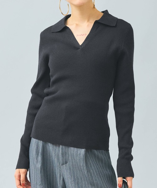 coca(coca)(コカ)の「【WEB限定セール】リブポロニット(ニット/セーター・レディース・ブラック/アイボリー/B/A・L/M)」の2枚目の写真