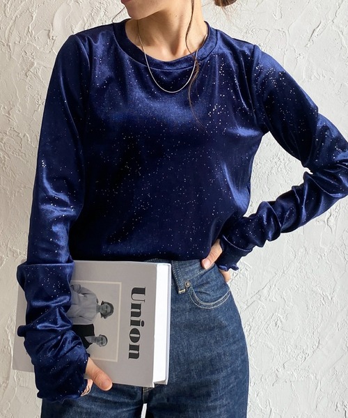 セール】長袖クルーネック指穴あきフィンガーホールラメベロアトップス