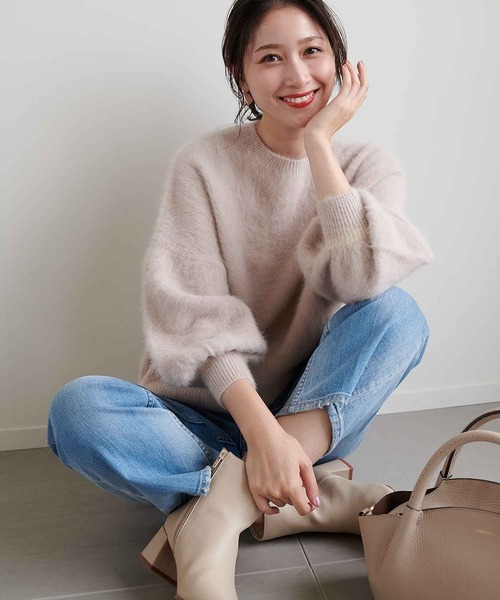 JINES ジネス　フォックスカシミアボリュームスリーブニット Jines（ジネス）の「フォックスカシミヤ 配色ボリュームスリーブ