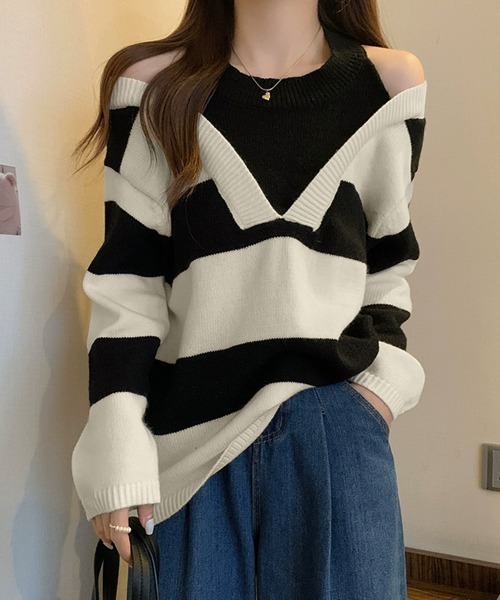 Miniministore（ミニミニストア）の「ボーダー柄ニットトップス オフショルダー（ニット/セーター・レディース・グリーン/ブラック・FREE）」の2枚目の写真