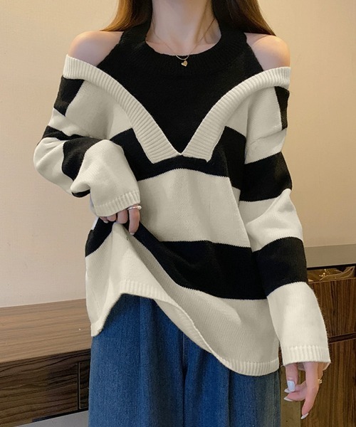 Miniministore（ミニミニストア）の「ボーダー柄ニットトップス オフショルダー（ニット/セーター・レディース・グリーン/ブラック・FREE）」の3枚目の写真