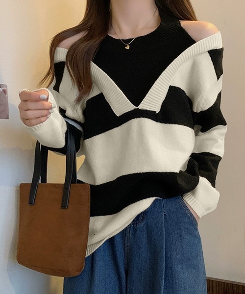 Miniministore（ミニミニストア）の「ボーダー柄ニットトップス オフショルダー（ニット/セーター・レディース・グリーン/ブラック・FREE）」の6枚目の写真