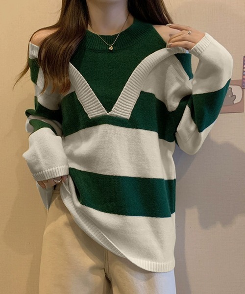 Miniministore（ミニミニストア）の「ボーダー柄ニットトップス オフショルダー（ニット/セーター・レディース・グリーン/ブラック・FREE）」の8枚目の写真