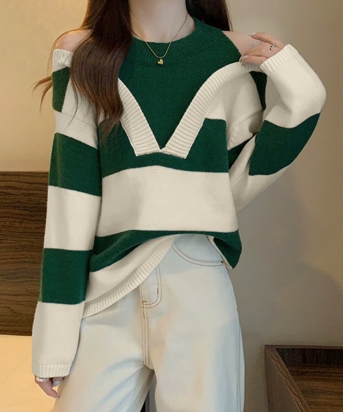 Miniministore（ミニミニストア）の「ボーダー柄ニットトップス オフショルダー（ニット/セーター・レディース・グリーン/ブラック・FREE）」の9枚目の写真