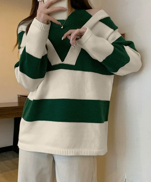 Miniministore（ミニミニストア）の「ボーダー柄ニットトップス オフショルダー（ニット/セーター・レディース・グリーン/ブラック・FREE）」の10枚目の写真
