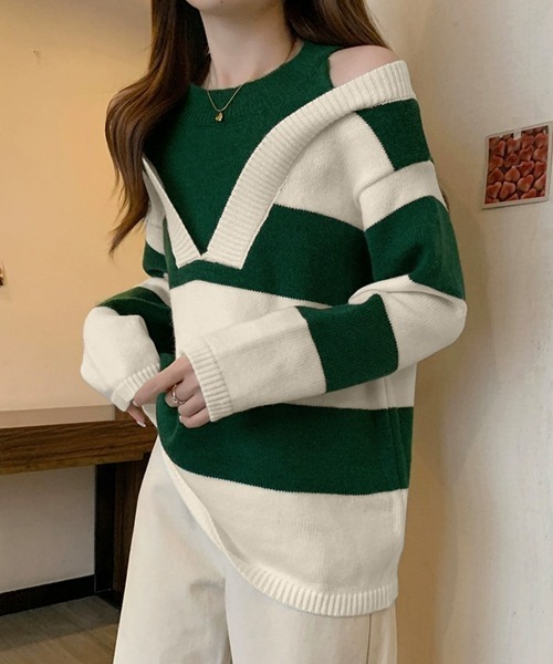 Miniministore（ミニミニストア）の「ボーダー柄ニットトップス オフショルダー（ニット/セーター・レディース・グリーン/ブラック・FREE）」の11枚目の写真