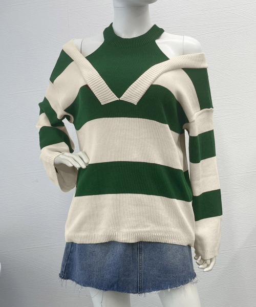 Miniministore（ミニミニストア）の「ボーダー柄ニットトップス オフショルダー（ニット/セーター・レディース・グリーン/ブラック・FREE）」の12枚目の写真