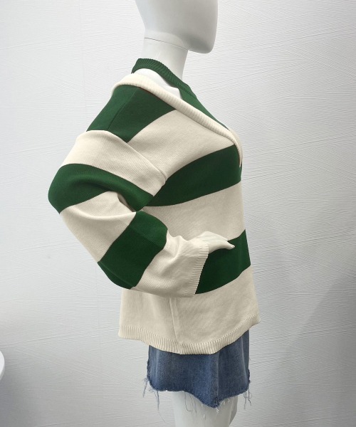 Miniministore（ミニミニストア）の「ボーダー柄ニットトップス オフショルダー（ニット/セーター・レディース・グリーン/ブラック・FREE）」の13枚目の写真
