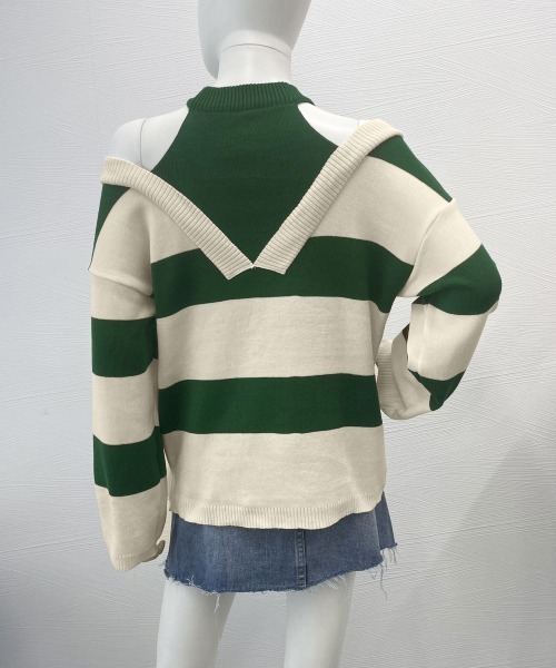 Miniministore（ミニミニストア）の「ボーダー柄ニットトップス オフショルダー（ニット/セーター・レディース・グリーン/ブラック・FREE）」の14枚目の写真