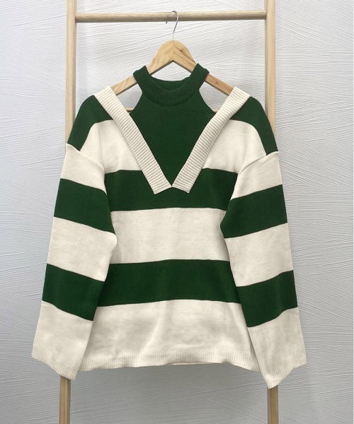 Miniministore（ミニミニストア）の「ボーダー柄ニットトップス オフショルダー（ニット/セーター・レディース・グリーン/ブラック・FREE）」の15枚目の写真