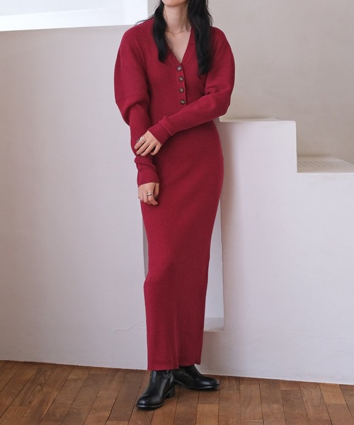 セール】ドルマンスリーブヘンリーネックニットワンピース（ワンピース