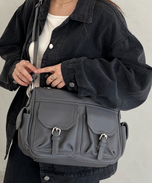 セール】大容量 ダブルポケットPUショルダーバッグ ユニセックス
