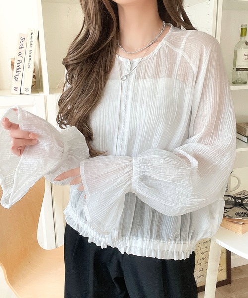 classicalelf(クラシカルエルフ)の「春夏さらっと羽織れる 楊柳シアー 袖フリルブルゾン(長袖)(シャツ/ブラウス・レディース・オフホワイト/ピンクベージュ/ブラック/ミント・MEDIUM/LARGE/X-LARGE/SMALL)」の8枚目の写真