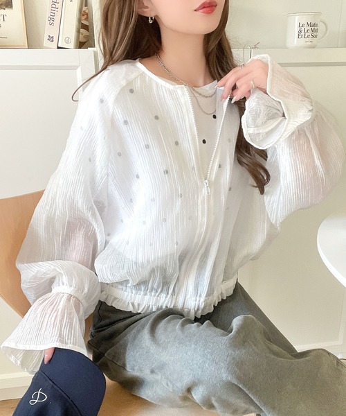 classicalelf(クラシカルエルフ)の「春夏さらっと羽織れる 楊柳シアー 袖フリルブルゾン(長袖)(シャツ/ブラウス・レディース・オフホワイト/ピンクベージュ/ブラック/ミント・MEDIUM/LARGE/X-LARGE/SMALL)」の12枚目の写真