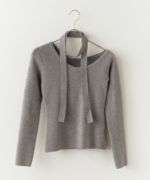 BLANK　（ブランク）の「Choker Off Shoulder Knit / チョーカー付きオフショルダーニット（ニット/セーター・レディース・ブラック/グレー・FREE）」の13枚目の写真