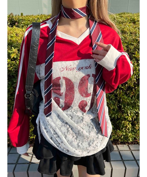 WC(ダブル シー)の「レース切替ユニフォームロンT(Tシャツ/カットソー・レディース・ネイビー/レッド/グレー・FREE)」の3枚目の写真