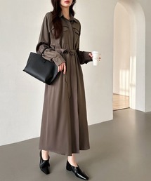 ウエストマーク シャツワンピース ロング丈 長袖ワンピース なめらかな艶感