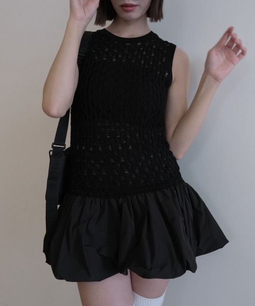 HONEY MI HONEY（ハニーミーハニー）の「taffeta balloon knit tunic（ニット/セーター・レディース・オフホワイト/ブラック/グレー・FREE）」の2枚目の写真