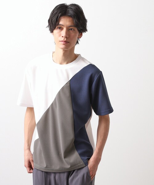デニム 切替 タイダイ シャツ 半袖 モード 韓国 異素材 hr9555 セール】アムンゼン異素材切替半袖Tシャツ（Tシャツ/カットソー