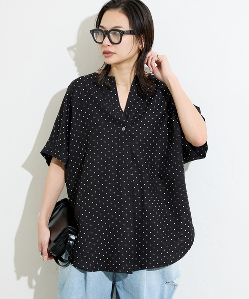 美品★レーヨン麻ノーカラーブラウス JOURNAL STANDARD リネン 黒 セール】レーヨン麻ノーカラーブラウス（シャツ/ブラウス