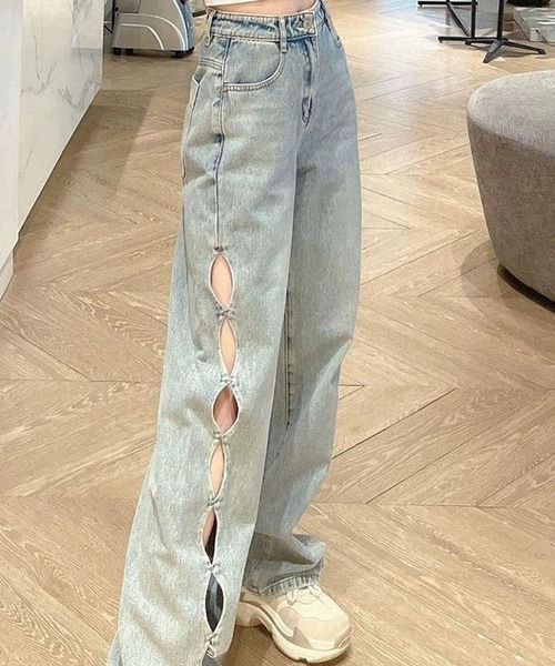 カットアウトデザインデニムパンツ cut out design wide denim ⁡ / カットアウトデザインワイド