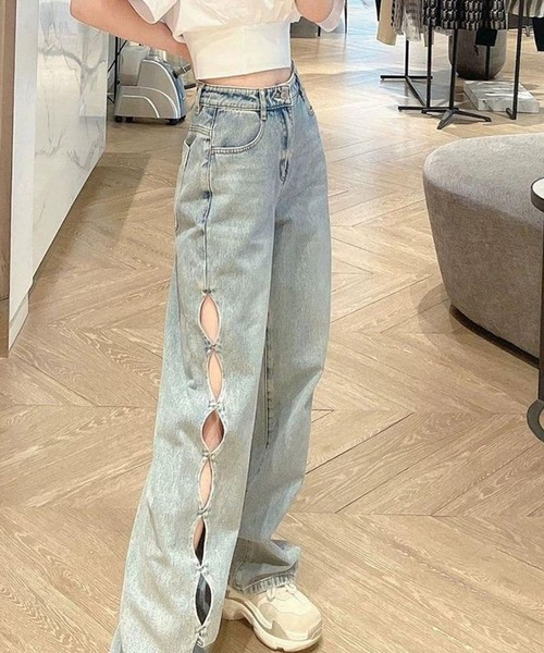 カットアウトデザインデニムパンツ cut out design wide denim ⁡ / カットアウトデザインワイド
