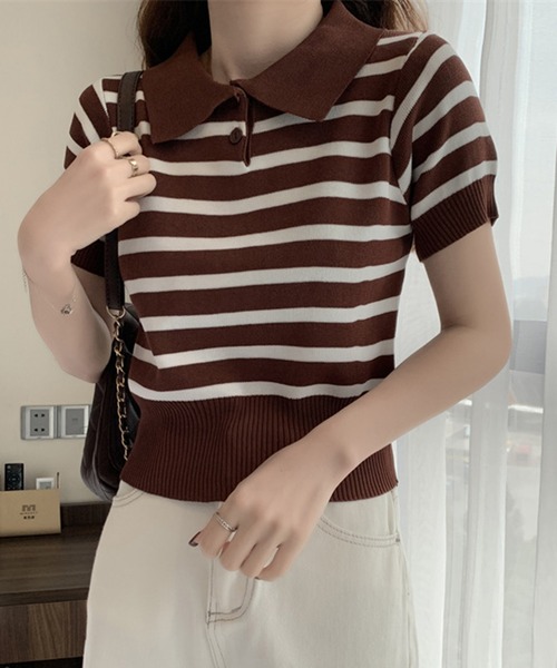 STYLEBLOCK(スタイルブロック)の「ボーダー柄半袖ニットポロシャツ(ニット/セーター・レディース・ベージュ系その他/カーキ/ブルー/ブラウン系その他/ブラック/ホワイト・FREE)」の3枚目の写真
