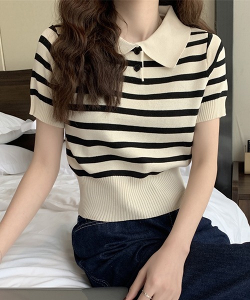 STYLEBLOCK(スタイルブロック)の「ボーダー柄半袖ニットポロシャツ(ニット/セーター・レディース・ベージュ系その他/カーキ/ブルー/ブラウン系その他/ブラック/ホワイト・FREE)」の4枚目の写真