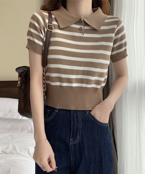 STYLEBLOCK(スタイルブロック)の「ボーダー柄半袖ニットポロシャツ(ニット/セーター・レディース・ベージュ系その他/カーキ/ブルー/ブラウン系その他/ブラック/ホワイト・FREE)」の5枚目の写真