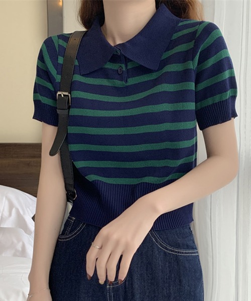 STYLEBLOCK(スタイルブロック)の「ボーダー柄半袖ニットポロシャツ(ニット/セーター・レディース・ベージュ系その他/カーキ/ブルー/ブラウン系その他/ブラック/ホワイト・FREE)」の6枚目の写真