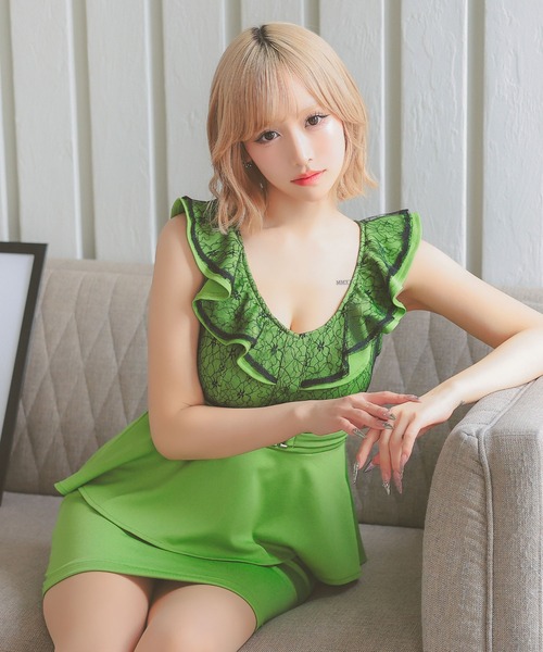 Tika(ティカ)の「キャバドレス ミニ タイト ノースリーブ フリル袖 ブラックレース 切り替え ウエストベルト ペプラム ストレッチ ドレス(ドレス・レディース・ブルー/ピンク/グリーン・XXXX-LARGE/MEDIUM/LARGE/X-LARGE/SMALL/XX-LARGE/XXX-LARGE)」の2枚目の写真