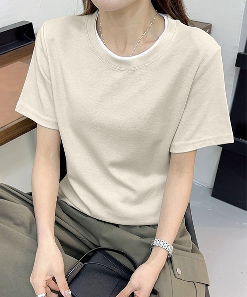 BANICO(バニコ)の「ネック配色シンプルTシャツ (SS)(Tシャツ/カットソー・レディース・グレー/ホワイト/ネイビー/ベージュ・FREE)」の3枚目の写真
