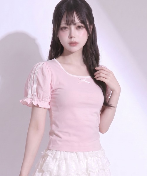 DearMyLoveRose(ディアマイラブローズ)の「ミニパフスリーブカットソー【大きいサイズ有り】(Tシャツ/カットソー・レディース・ホワイト/ライトピンク/ブラック・MEDIUM/LARGE/LL/3L)」の3枚目の写真