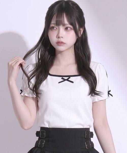 DearMyLoveRose(ディアマイラブローズ)の「ミニパフスリーブカットソー【大きいサイズ有り】(Tシャツ/カットソー・レディース・ホワイト/ライトピンク/ブラック・MEDIUM/LARGE/LL/3L)」の1枚目の写真