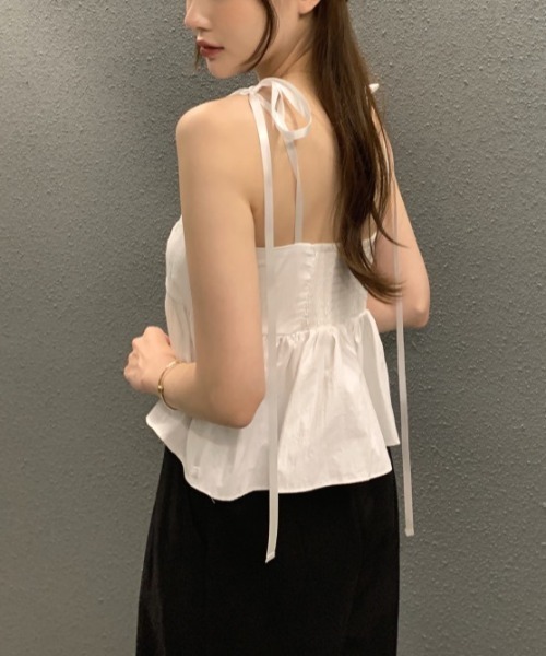 Dream garden（ドリームガーデン）の「バックシャーリング ロング肩紐リボン ペプラムキャミ（ワンピース・レディース・ホワイト/ブラック・FREE）」の5枚目の写真