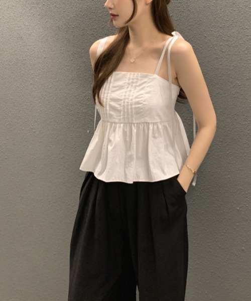 Dream garden（ドリームガーデン）の「バックシャーリング ロング肩紐リボン ペプラムキャミ（ワンピース・レディース・ホワイト/ブラック・FREE）」の14枚目の写真