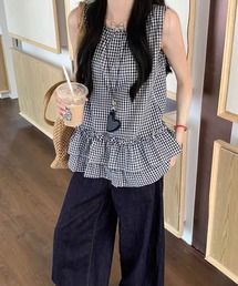 shopnikoniko | チュニック チェック ギンガムチェック 半袖 フリル ノースリーブ チュニック丈トップス(チュニック)