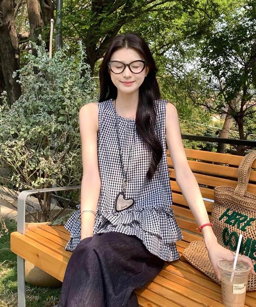 shopnikoniko（ショップニコニコ）の「チュニック チェック ギンガムチェック 半袖 フリル ノースリーブ チュニック丈トップス（チュニック・レディース・レッド/ブラック・フリー）」の6枚目の写真