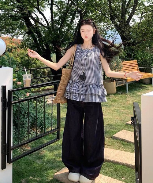 セール】チュニック チェック ギンガムチェック 半袖 フリル
