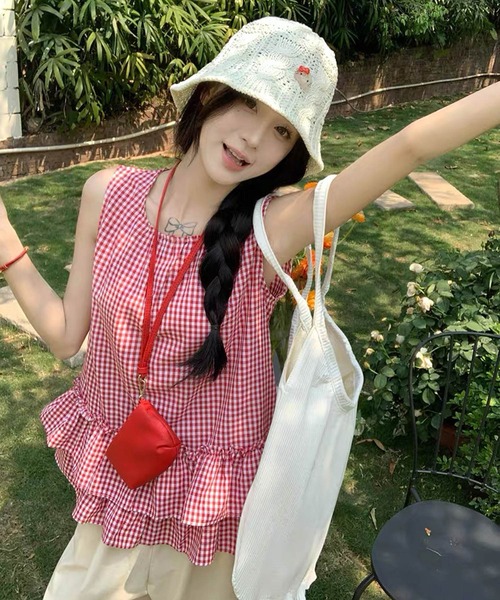 shopnikoniko（ショップニコニコ）の「チュニック チェック ギンガムチェック 半袖 フリル ノースリーブ チュニック丈トップス（チュニック・レディース・レッド/ブラック・フリー）」の8枚目の写真