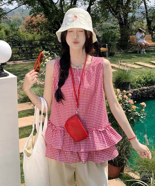 セール】チュニック チェック ギンガムチェック 半袖 フリル