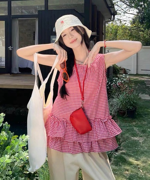 ノースリーブ トップス 春 夏 ノースリーブ チュニック 夏 フリル スクエアネック チェック柄 カジュアル シンプル 韓国ファッション チュニック 大人可愛い ノースリーブ トップス 春 夏 チュニック フリル スクエアネック