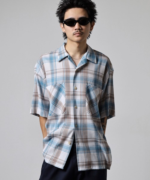 GERRY（ジェリー）の「GERRY ビッグシルエット ストレッチ チェック 半袖 シャツ（シャツ/ブラウス・メンズ・レッド/サックスブルー・L/LL/M）」の4枚目の写真