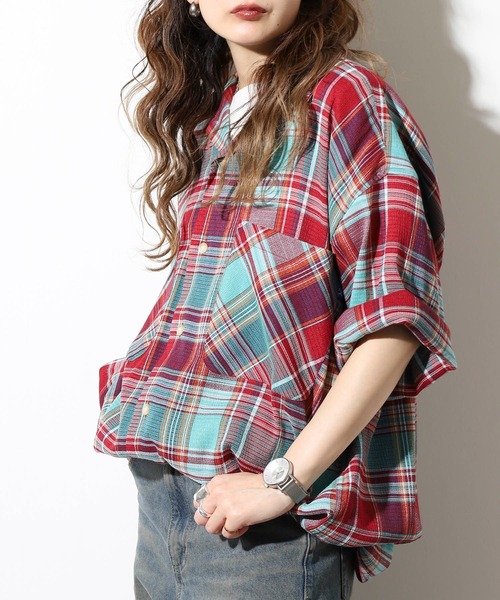 GERRY（ジェリー）の「GERRY ビッグシルエット ストレッチ チェック 半袖 シャツ（シャツ/ブラウス・メンズ・レッド/サックスブルー・L/LL/M）」の6枚目の写真